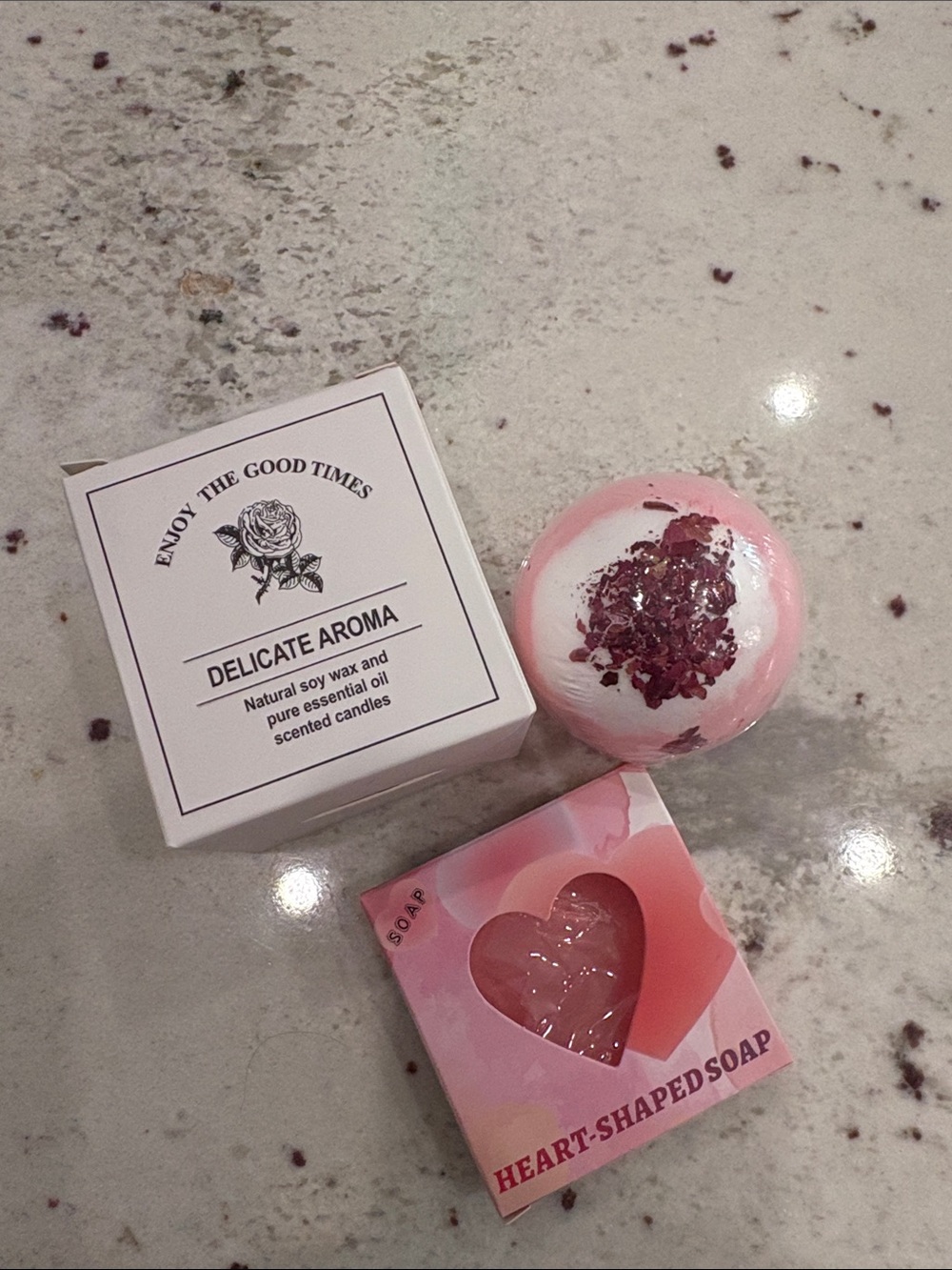 Delicate Aroma Rose Scented Candle, Bath Bomb & Heart Shaped Soap